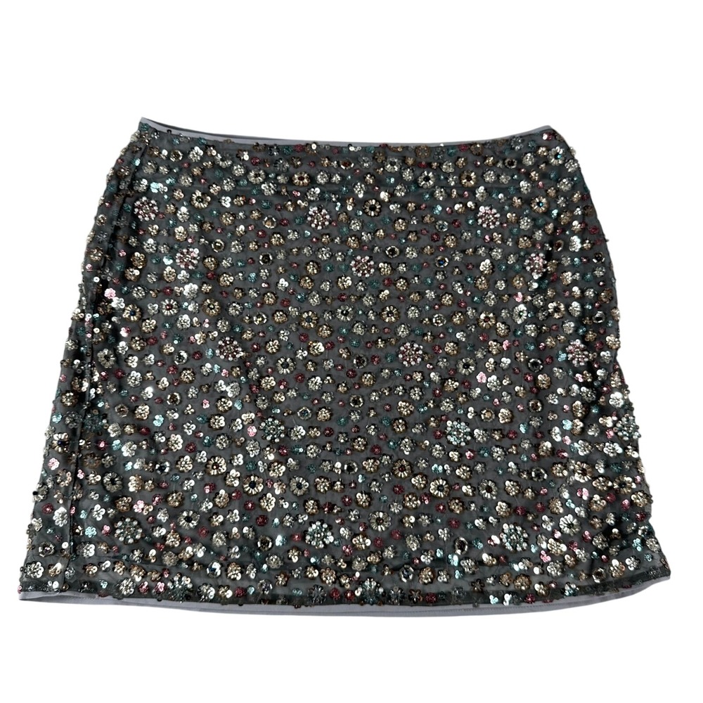 NWT Loft Sequin Floral Mini Skirt Womens 14 Grey Beaded Party Glam Festive